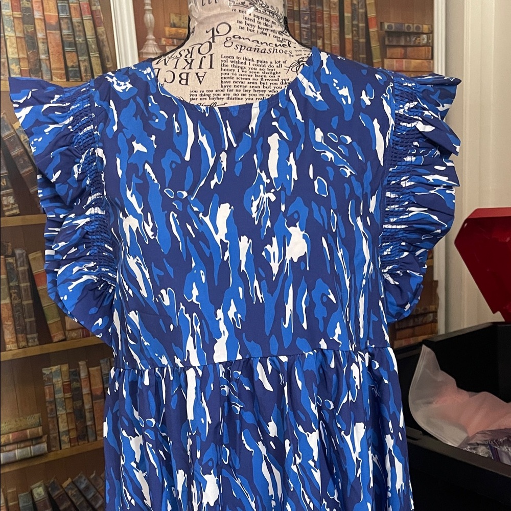 Blue and White Patterned Ruffle Dress - Picture 2 of 5